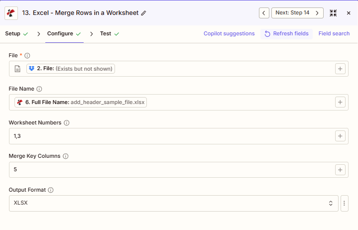 PDF4me Excel Merge Rows Zapier-Konfiguration – Datei, Dateiname, Tabellenblattnummern 1, 3, Spalten für den Zusammenführungsschlüssel 5, Ausgabeformat XLSX